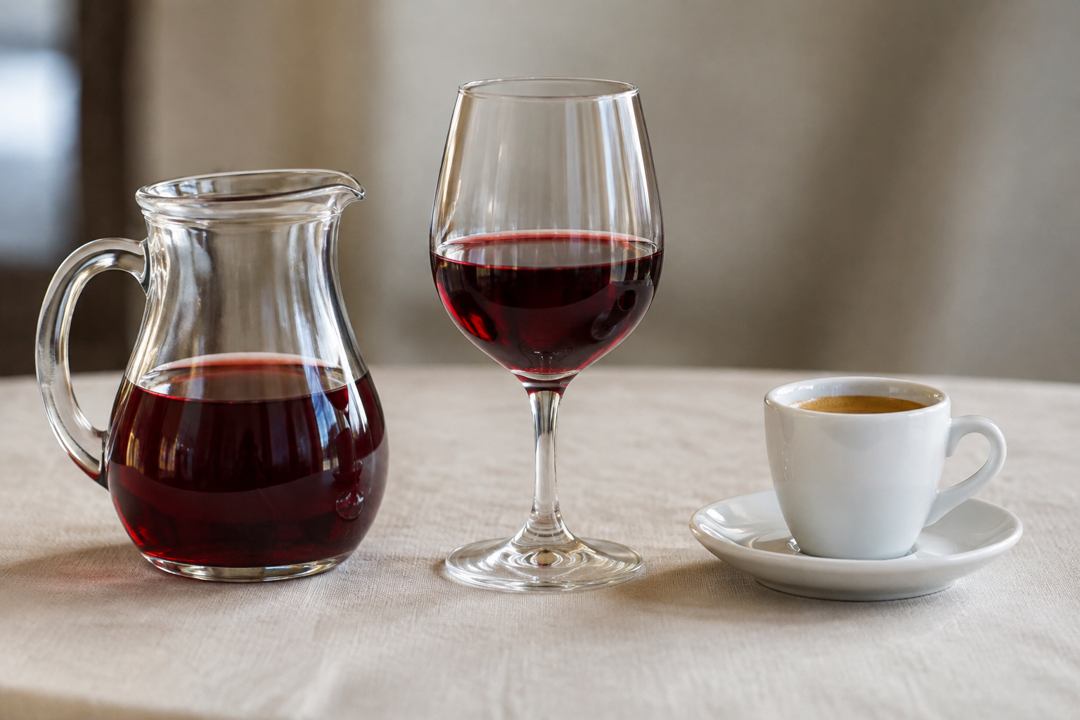 Un pichet de vin rouge, un verre de vin et une tasse de café sur une table dressée.