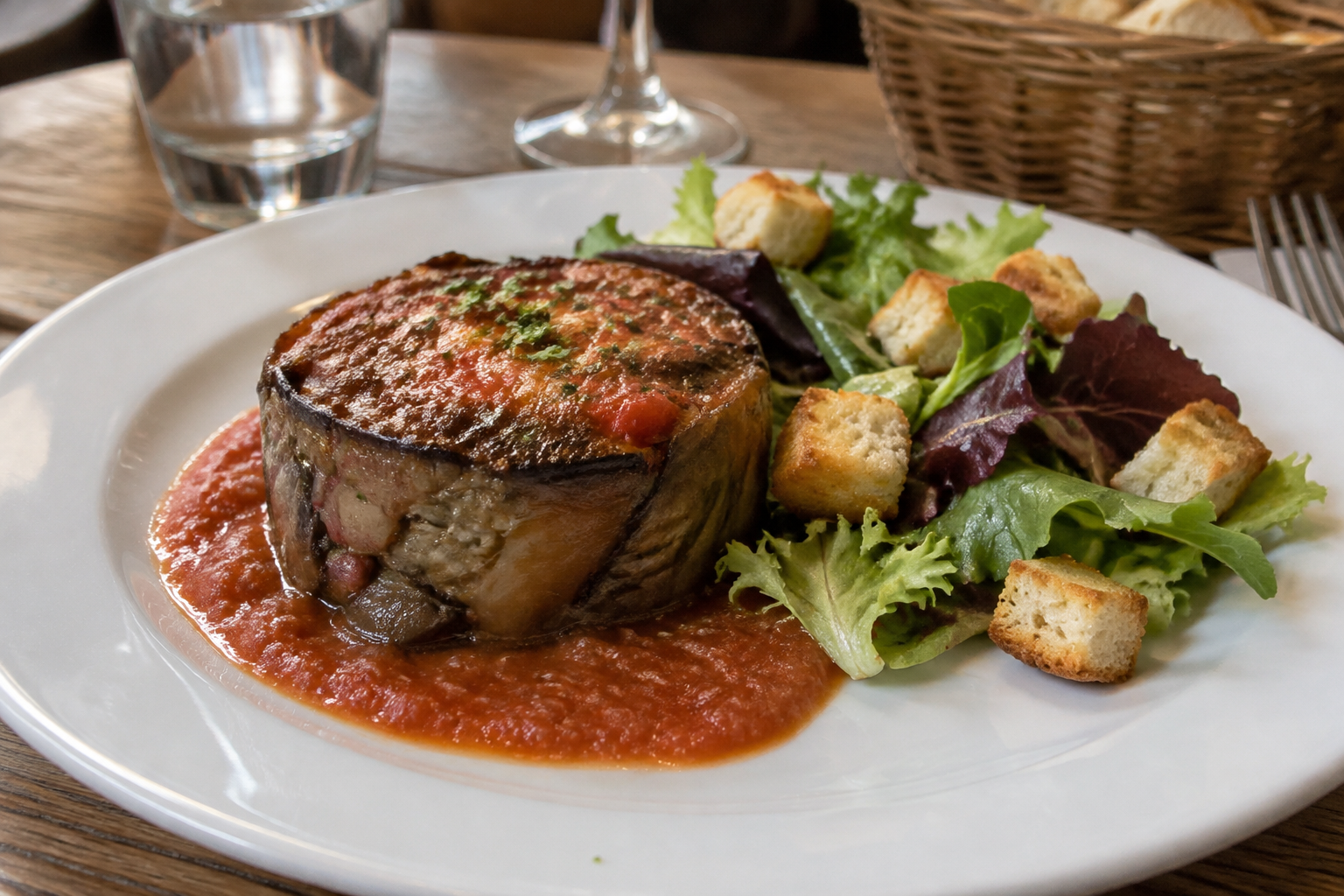 Papeton d’aubergine accompagné de son coulis de tomate, mesclun du potager et croûtons dorés
